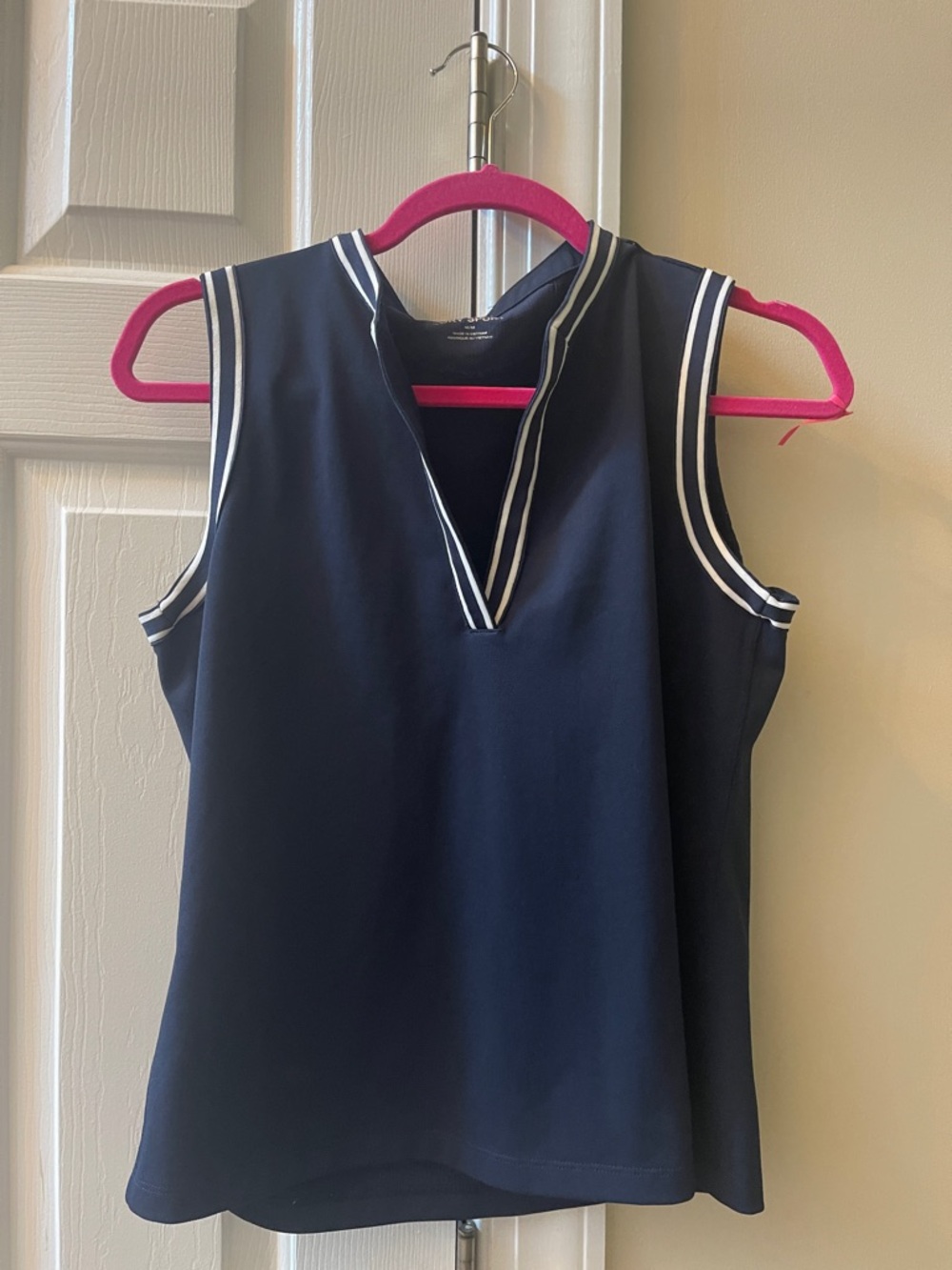 Tory Sport Navy Sleeveless V-Neck Top with White Stripe Trim size M